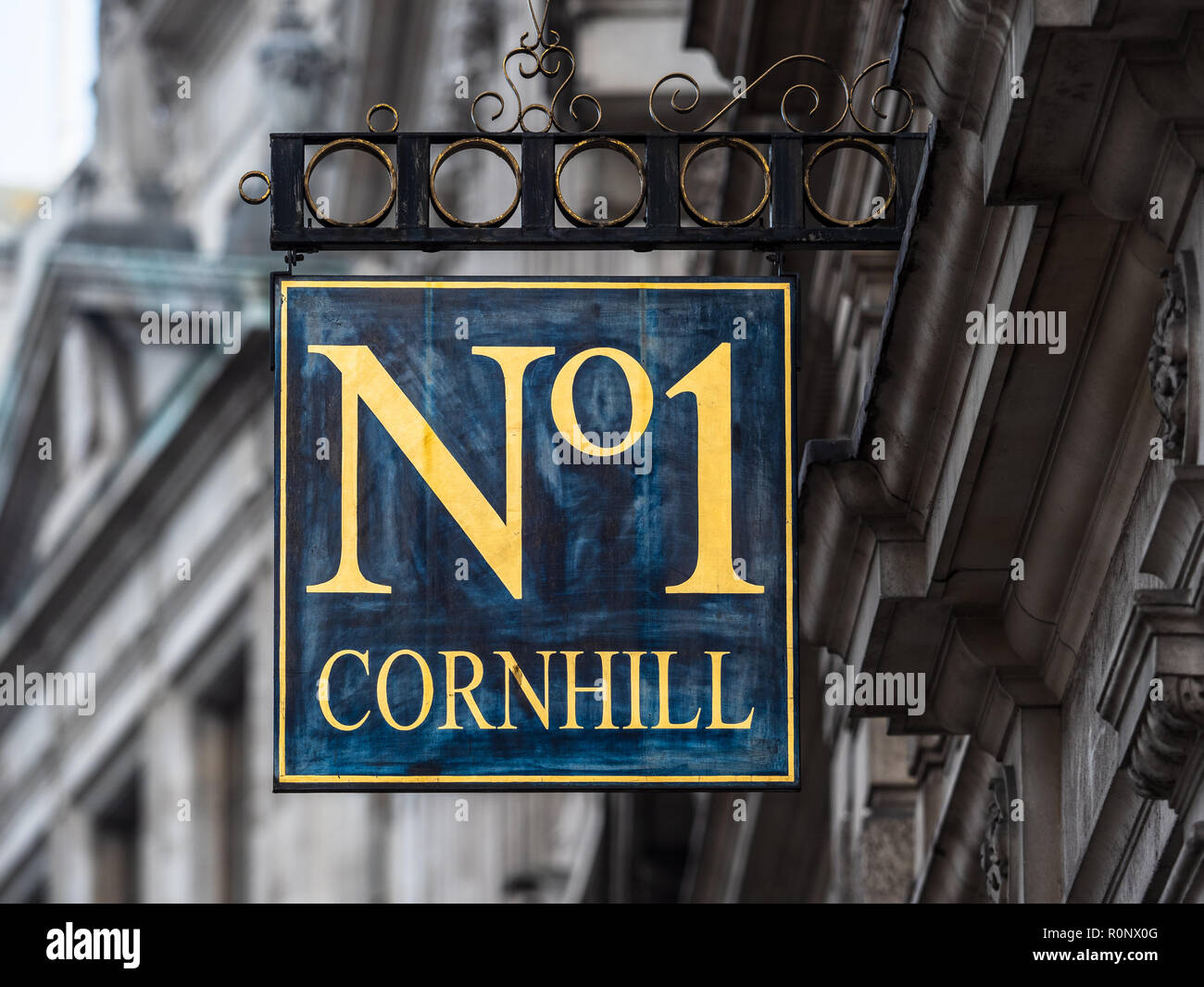 Nr. 1 Cornhill Stadt London - Schild Nr. 1 Cornhill, einem serviced Bürogebäude in Londons Finanzviertel. Stockfoto