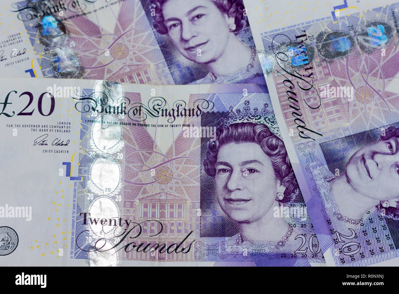 Britisches Englisch Sterling, Währung, zwanzig Pfund Banknoten closeup, Vereinigtes Königreich Stockfoto