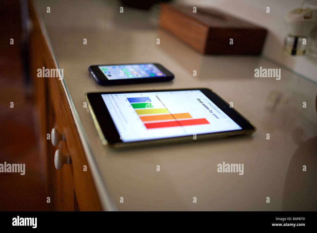 Iphone nebeneinander liegend auf Schrank zu Hause iPad Stockfoto