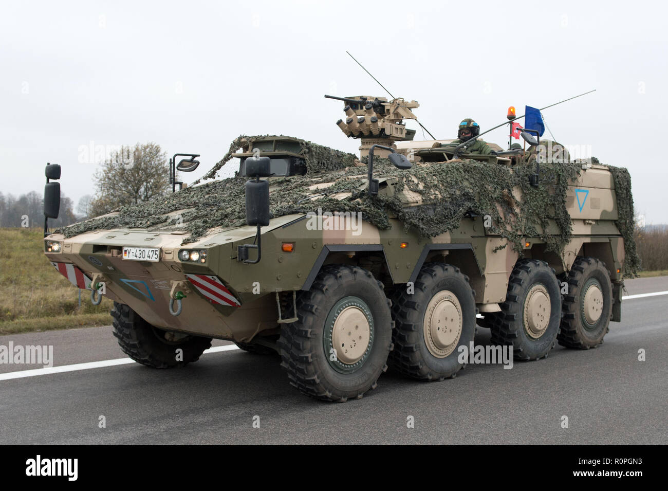 Pabrade, Litauen. 6 Nov, 2018. Militärisches Fahrzeug beteiligt sich an der eisernen Wolf Übung in der Nähe von Pabrade, Litauen, Nov. 6, 2018. Die zwei-wöchigen internationalen militärischen übung Iron Wolf off on Nov. 4 in Litauen trat. Credit: alfredas Pliadis/Xinhua/Alamy leben Nachrichten Stockfoto