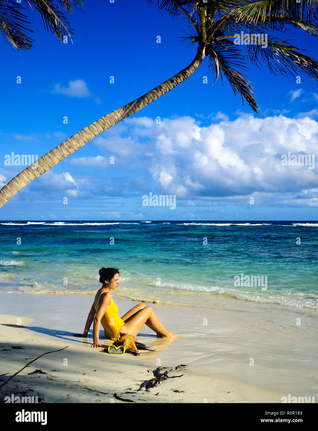 Junge Frau mit gelben Badeanzug sitzen auf tropischen Strand, Palmen, Karibik, Guadeloupe, Französisch Westindien, Stockfoto