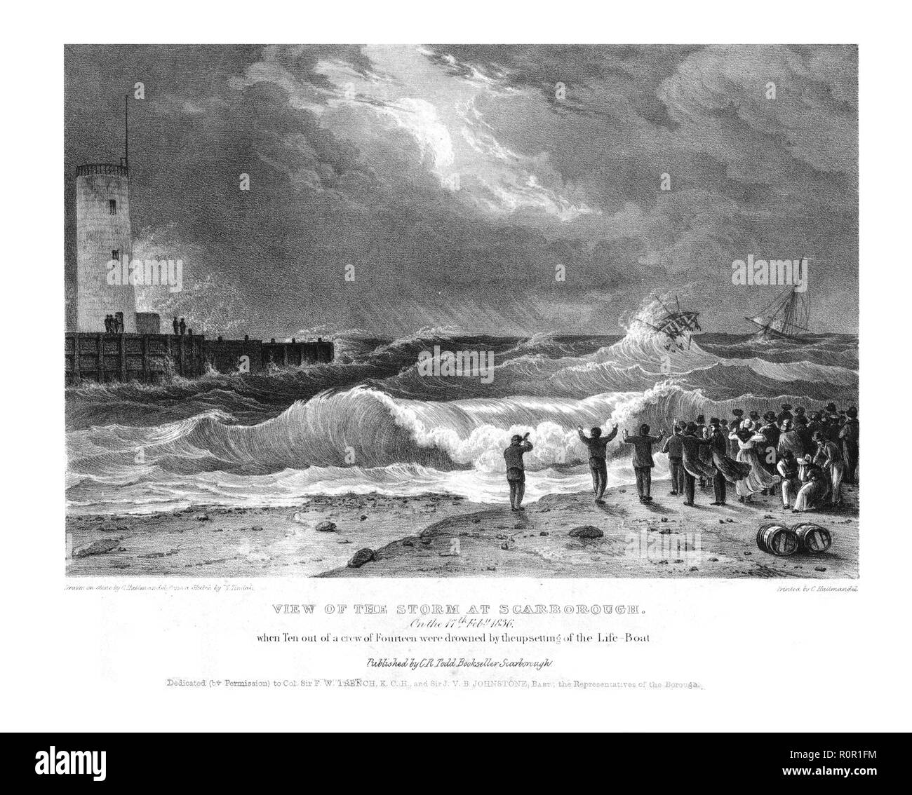 'Ansicht des Sturms auf Scarborough am 17. Februar 1836." Creator: Charles Joseph Hullmandel. Stockfoto