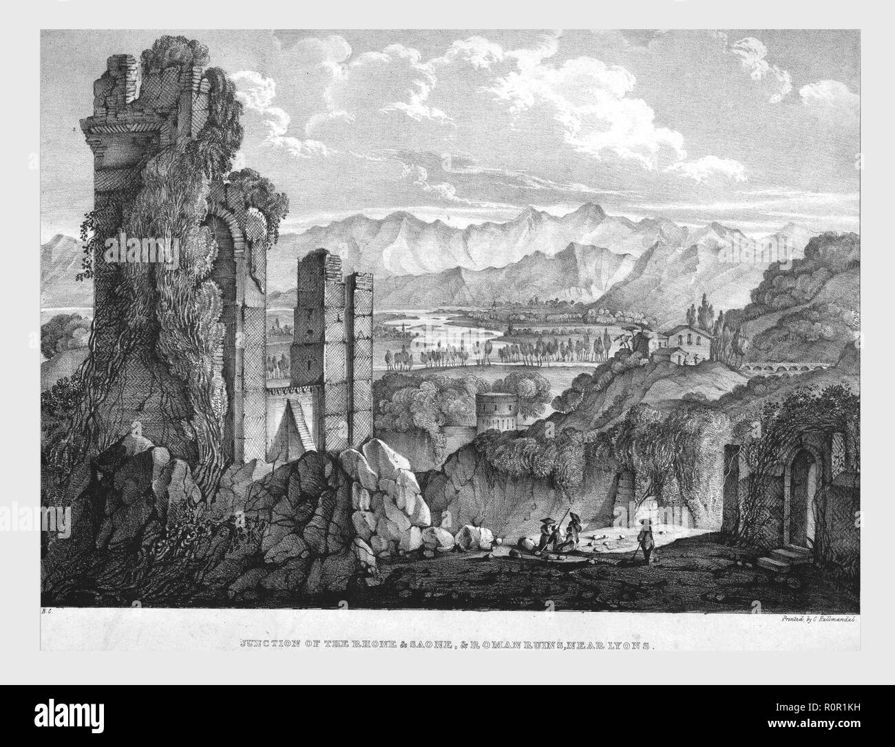 "Kreuzung der Rhone und Saone, römische Ruinen in der Nähe von Lyons, c 1835. Schöpfer: Charles Joseph Hullmandel. Stockfoto