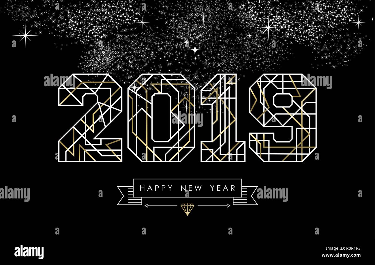 Frohes Neues Jahr Gruß card Design im Art-déco-Outline style, Gold und Weiß 2019 Zeichen mit hipster Label. Ideal für Poster, urlaub Kampagne oder Web. Stock Vektor