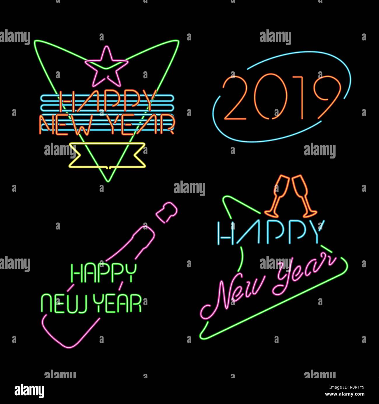 Frohes neues Jahr 2019 neon Light Style label gesetzt, retro Designs mit Text und Urlaub feier Elemente. Stock Vektor