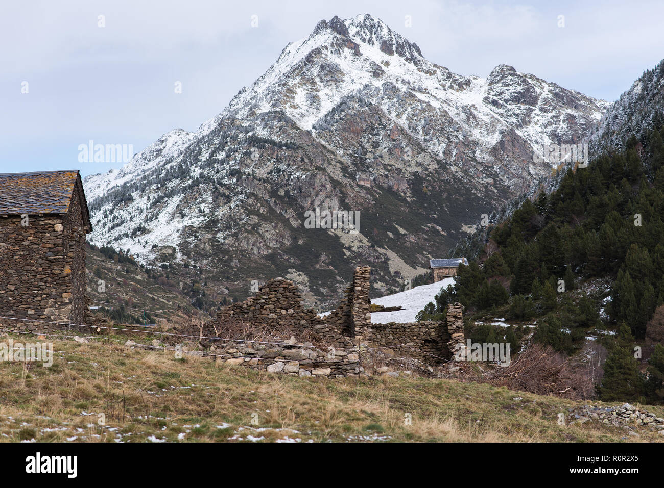 Winter in Vall d Incles, Canillo, Andorra. Stockfoto