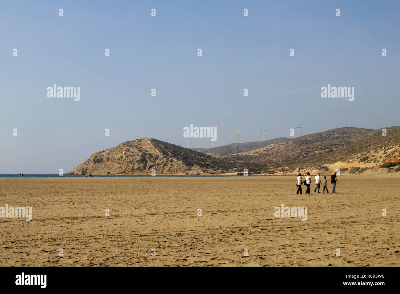 Ein Blick auf den weitläufigen Strand von Prasonisi, Rhodos, Griechenland. Der Strand ist ca. 800 m lang und 250 m breit an der breitesten Stelle. Stockfoto