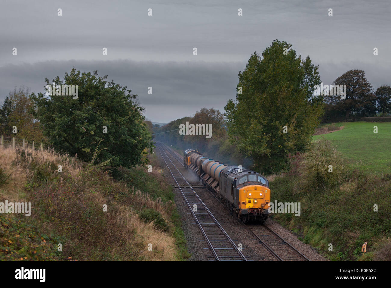 Ein Network Rail die Behandlung des Schienenkopfes Zug bei Bentham (auf der Carnforth - Settle joh Linie) von Direct Rail Services 37 Lokomotiven, Stockfoto