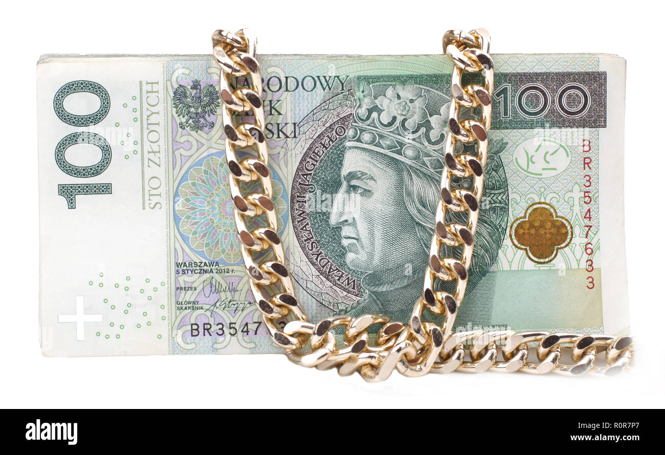 Polnische Banknoten, Geld. Polen 100 zloty Banknote auf weißem Hintergrund Stockfoto
