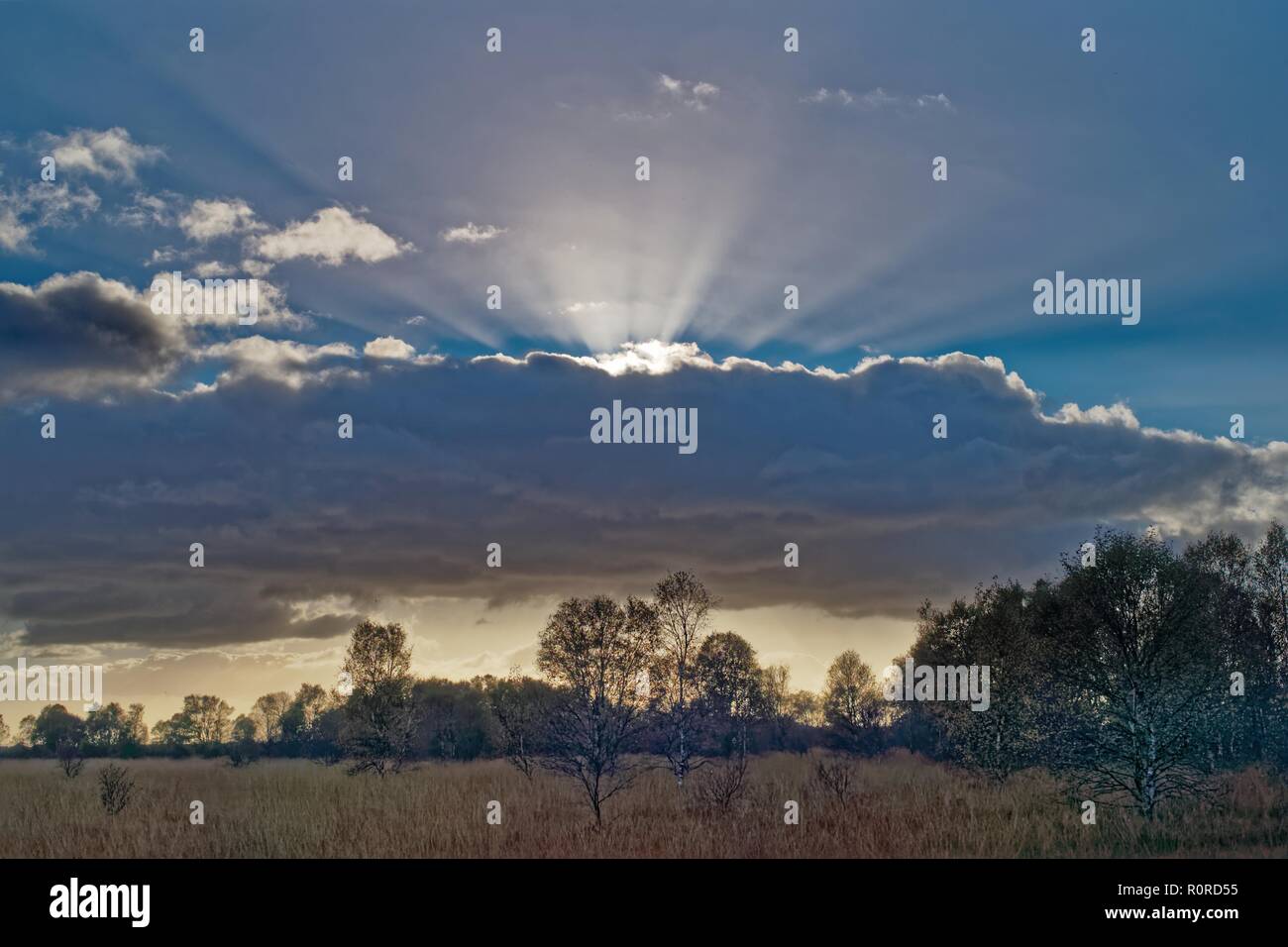 Sonnenlicht, das durch die Wolken über einem Feld, Ostfriesland, Niedersachsen, Deutschland Stockfoto