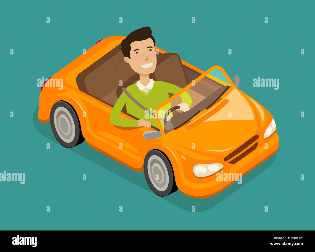 Mann, der ein Elektroauto. Fahrzeug, Cabriolet Concept. Cartoon Vector Illustration Stock Vektor