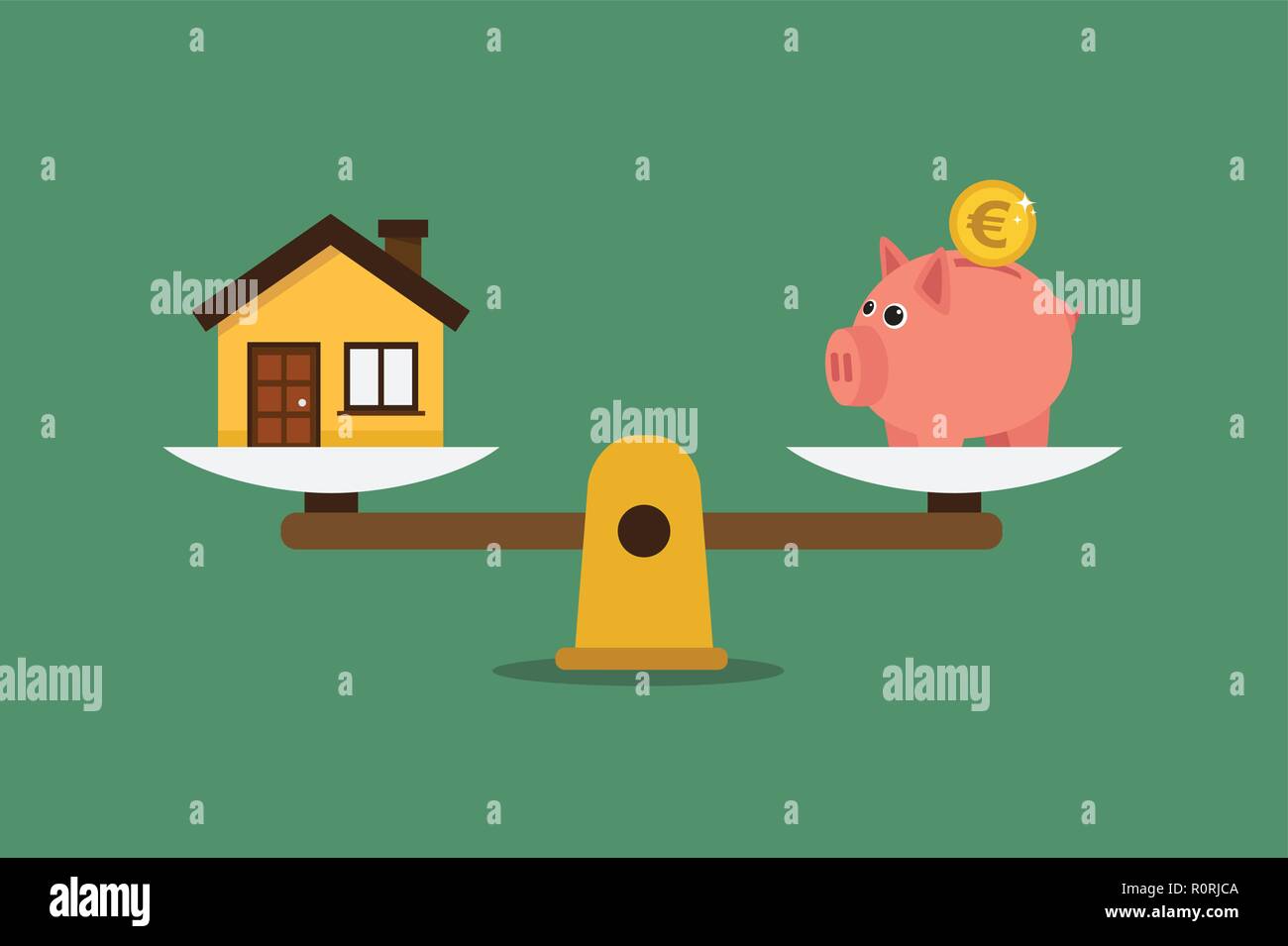 Piggy Bank und Haus auf einer Waage. Abbildung in Vektoren. Stock Vektor