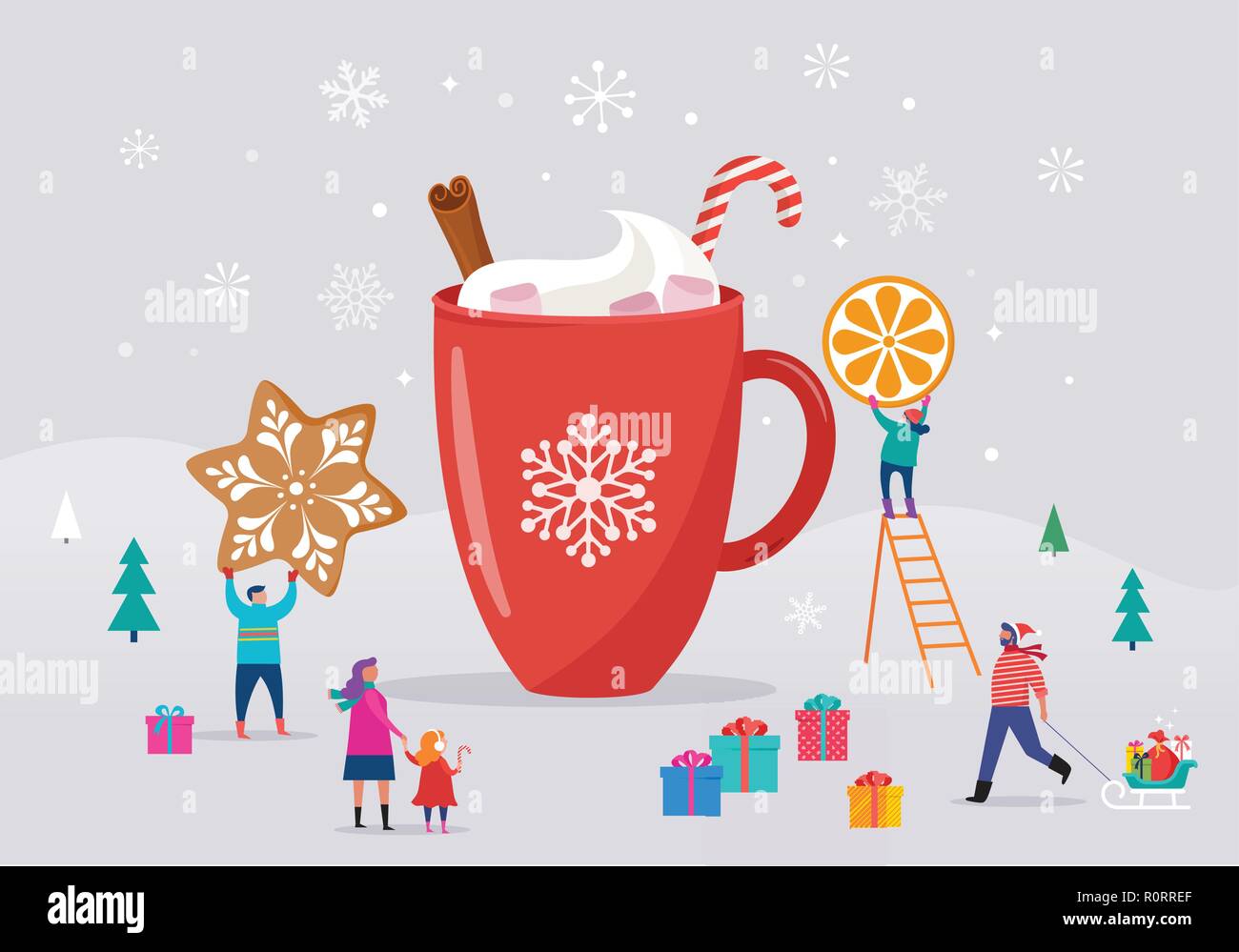 Frohe Weihnachten, Winter Szene mit einer großen Tasse Kakao und kleinen Leute, junge Männer und Frauen, Familien Spaß im Schnee, Skifahren, Snowboarden, Rodeln, Eislaufen Stock Vektor
