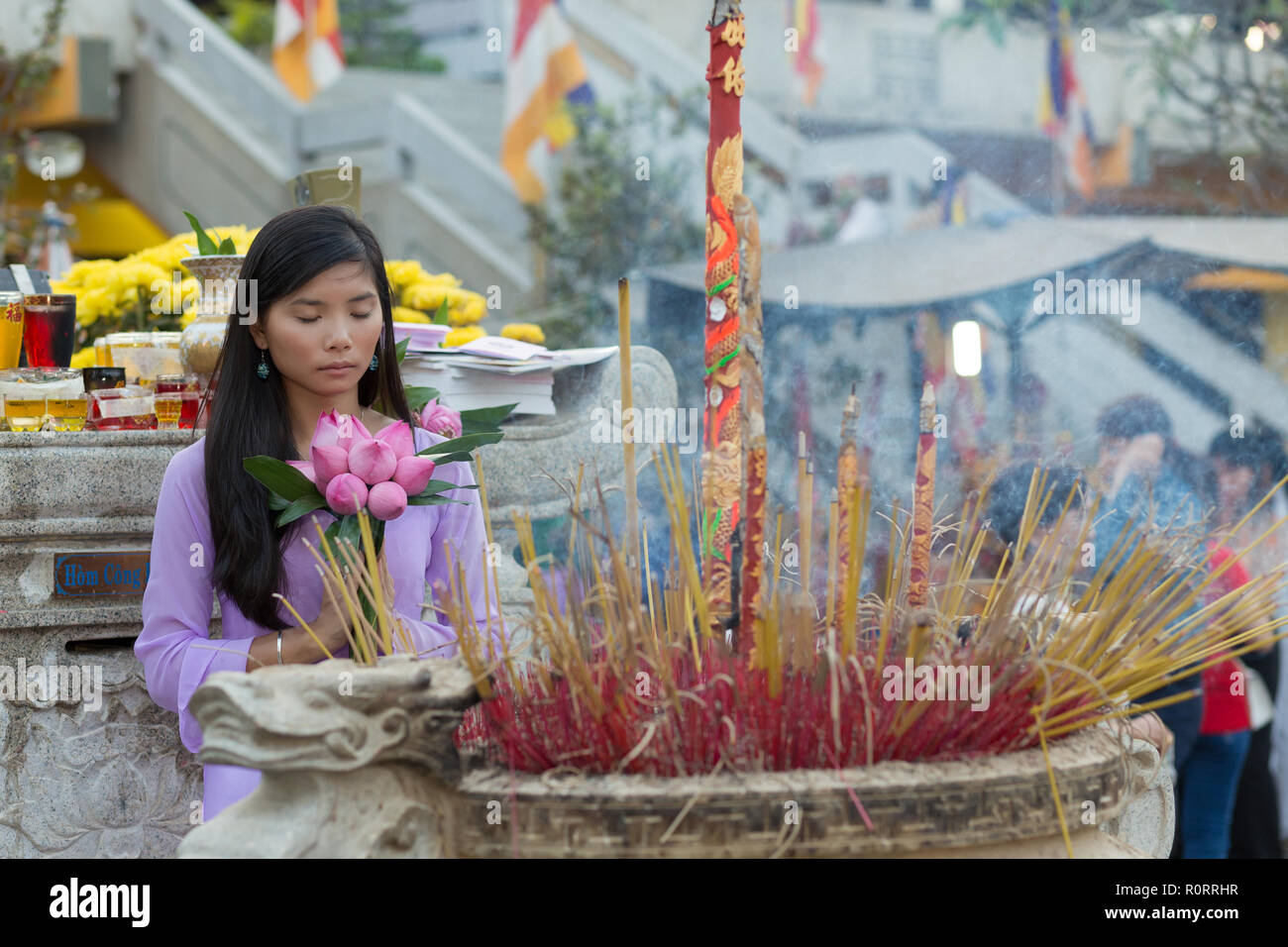 Asiatische buddhistische Frau im Tempel beten, holding Lotus Flower Buds Bündel, Vietnam Stockfoto