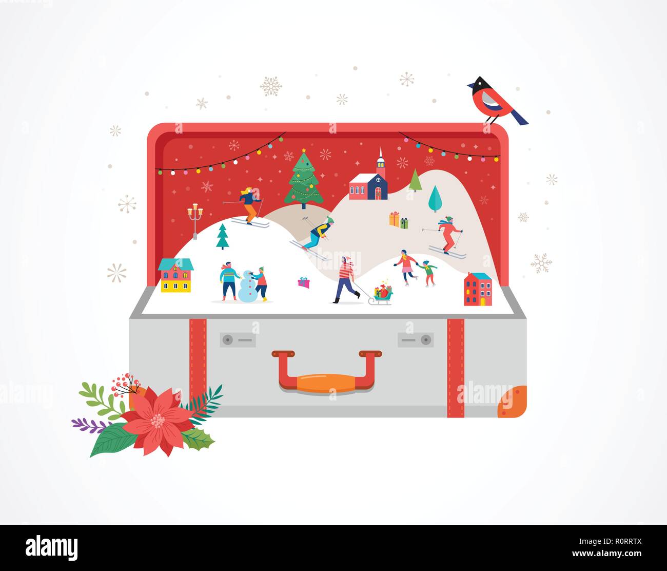 Frohe Weihnachten, große offene Koffer mit Winter Szene und kleine Leute, junge Männer und Frauen, Familien Spaß im Schnee, Skifahren, Snowboarden, Rodeln, Eislaufen. Konzept Vector Illustration Stock Vektor