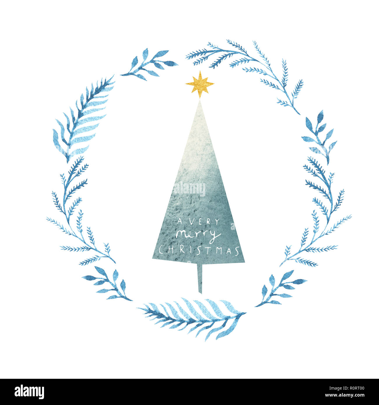 Kranz mit blauen Zweige und Weihnachtsbaum auf einem weißen Hintergrund. Minimalismus Design Stockfoto