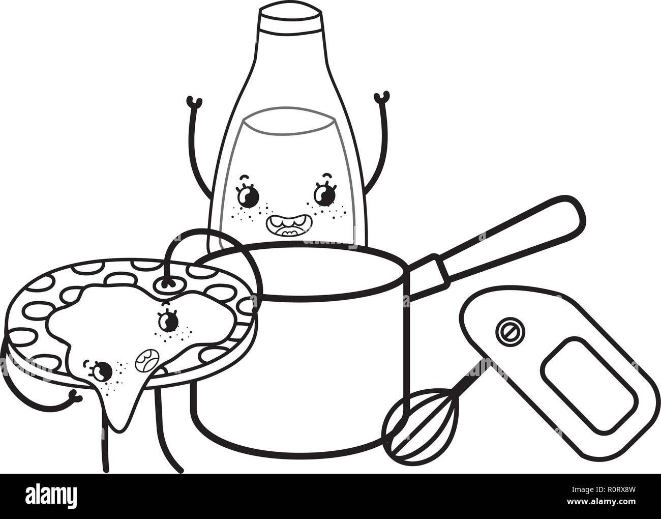 Küche und essen kawaii Cartoons in Schwarz und Weiß Stock Vektor