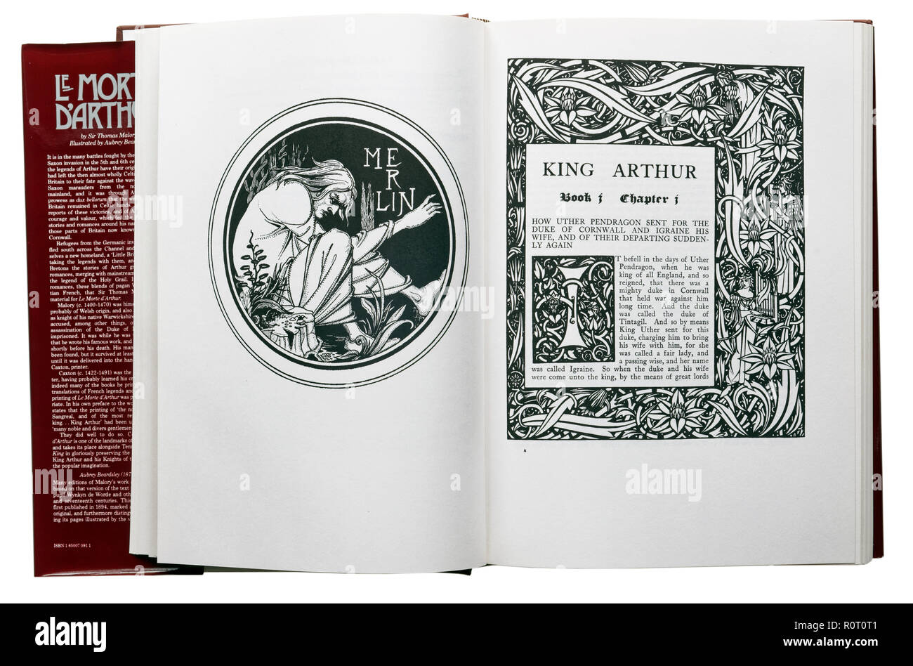 Le Morte d'Arthur von Sir Thomas Malory. Abbildung: Merlin von Aubrey Beardsley und die vordere Seite Kapitel 1. Stockfoto