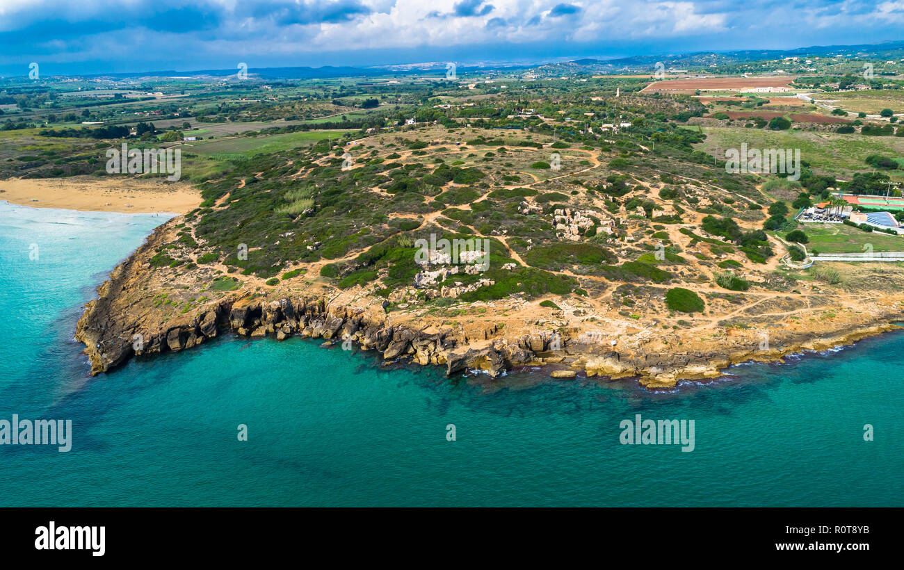 Antenne. Lido di Noto, Provinz Syrakus, Italien. Stockfoto