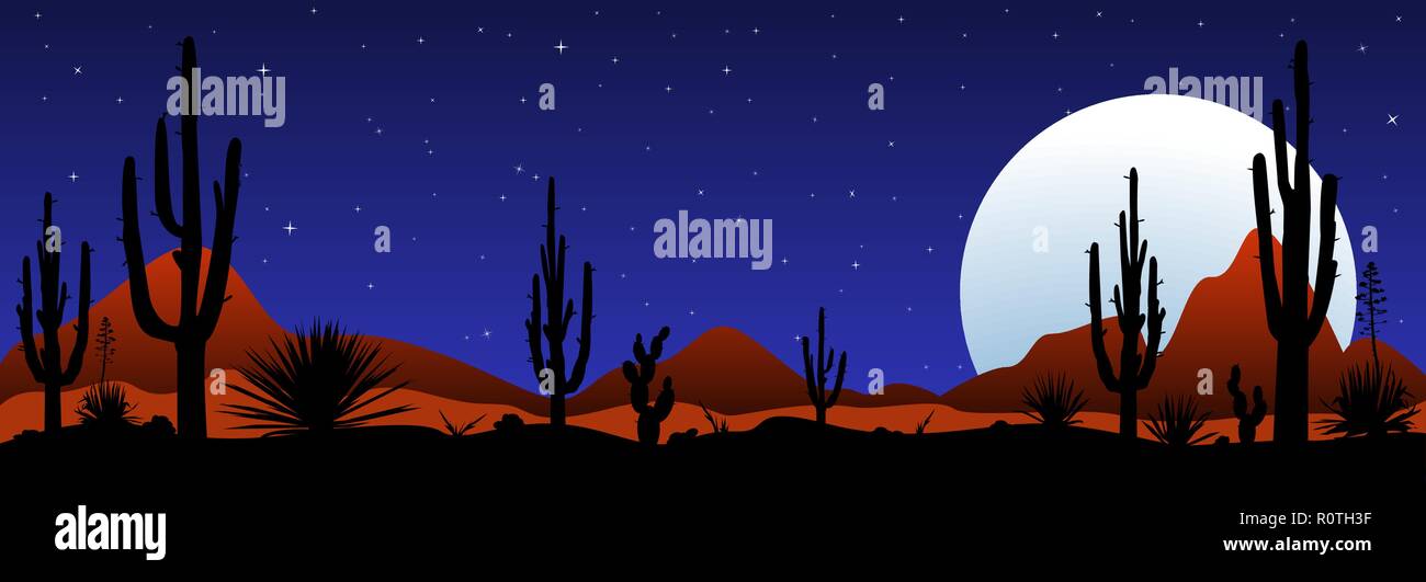 Eine steinige Wüste bei Nacht. Wüste Landschaft, Nacht. Wüste mit Kakteen vor dem Hintergrund der Nacht Sternenhimmel. Stock Vektor