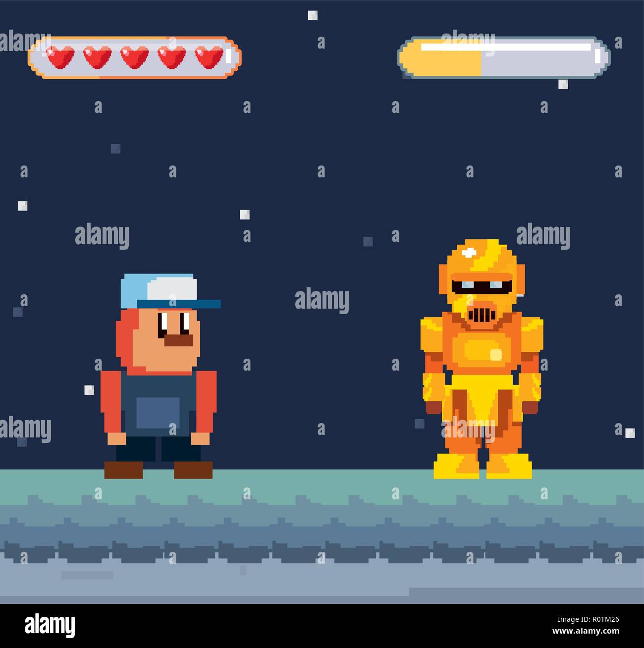 Charakter Roboterebene Plattform pixel video spiel Vector Illustration Stock Vektor