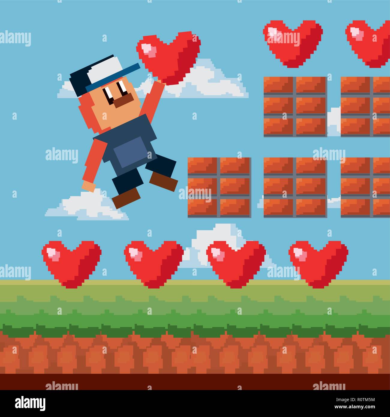 Charakter mit Herz Höhe pixel video spiel Vector Illustration Stock Vektor
