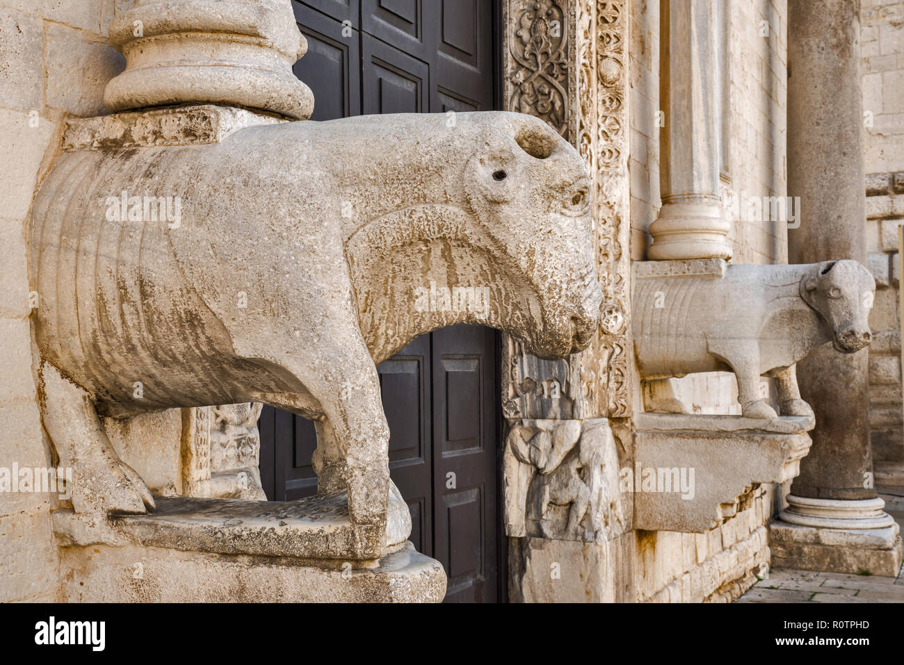 Tier Skulpturen an der Fassade der Basilika di San Nicola, 12. Jahrhundert, im romanischen Stil, in Bari, Apulien, Italien Stockfoto