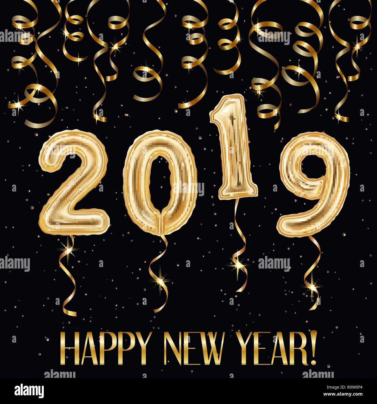 Realistische goldene Luftballons und Luftschlangen, Konfetti 2019 Frohes neues Jahr Inschrift auf schwarzen Hintergrund, Vektor, Abbildung Stock Vektor