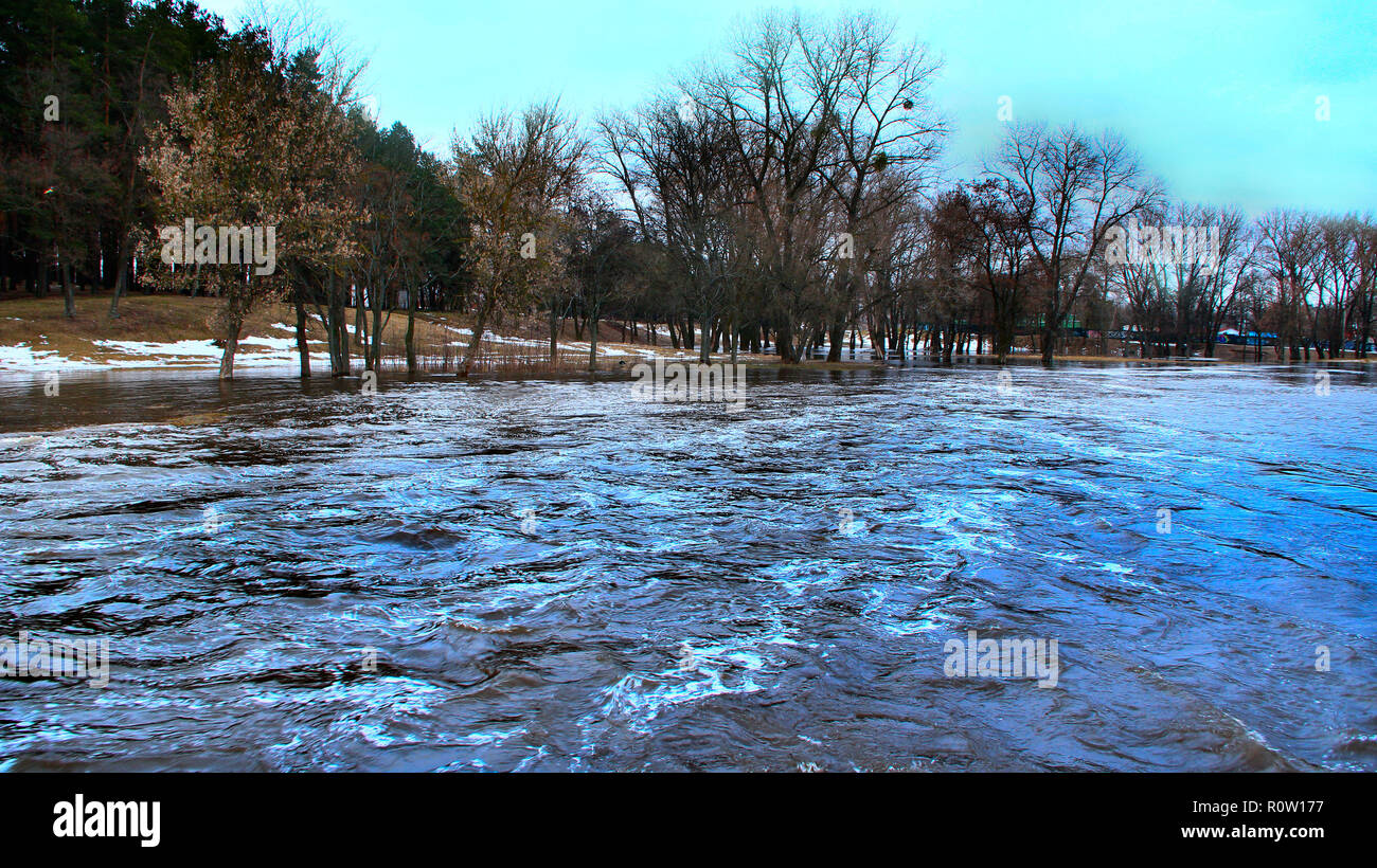 Überschwemmungen des Flusses im Frühjahr in der Stadt während der Schneeschmelze. Überschwemmung Stadt. Hochwasser zwischen privaten Häusern. Hochwasser auf dem Fluss. Naturkatastrophe. Groß Stockfoto