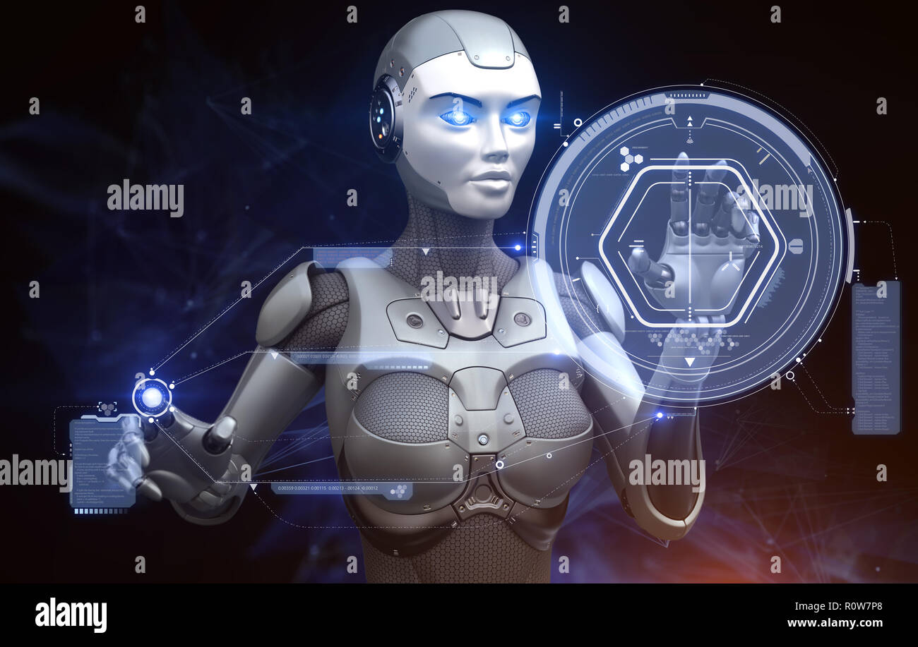 Roboter arbeitet mit Hightech-Touchscreen. 3D illustration Stockfoto