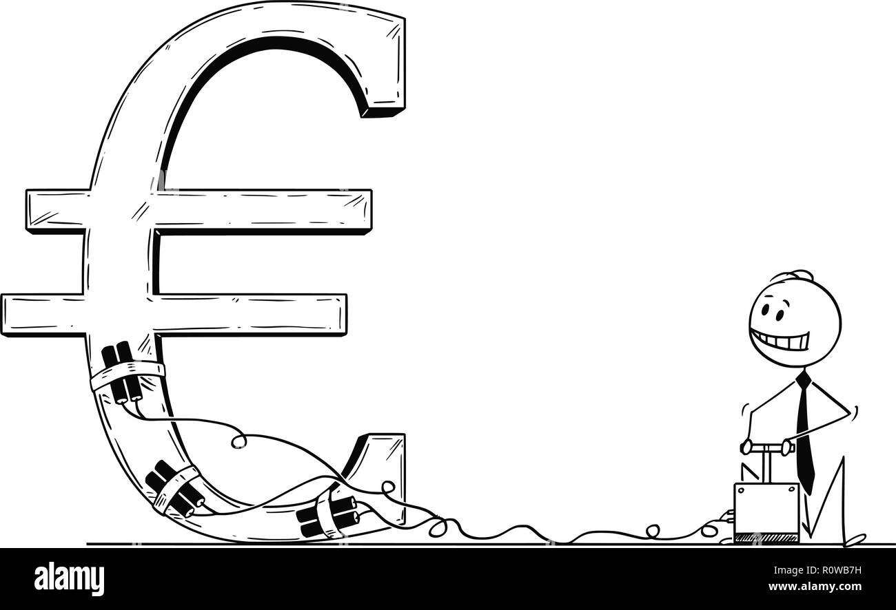Cartoon von Geschäftsmann mit Detonator und Explosive zu zerstören Euro Symbol Stock Vektor