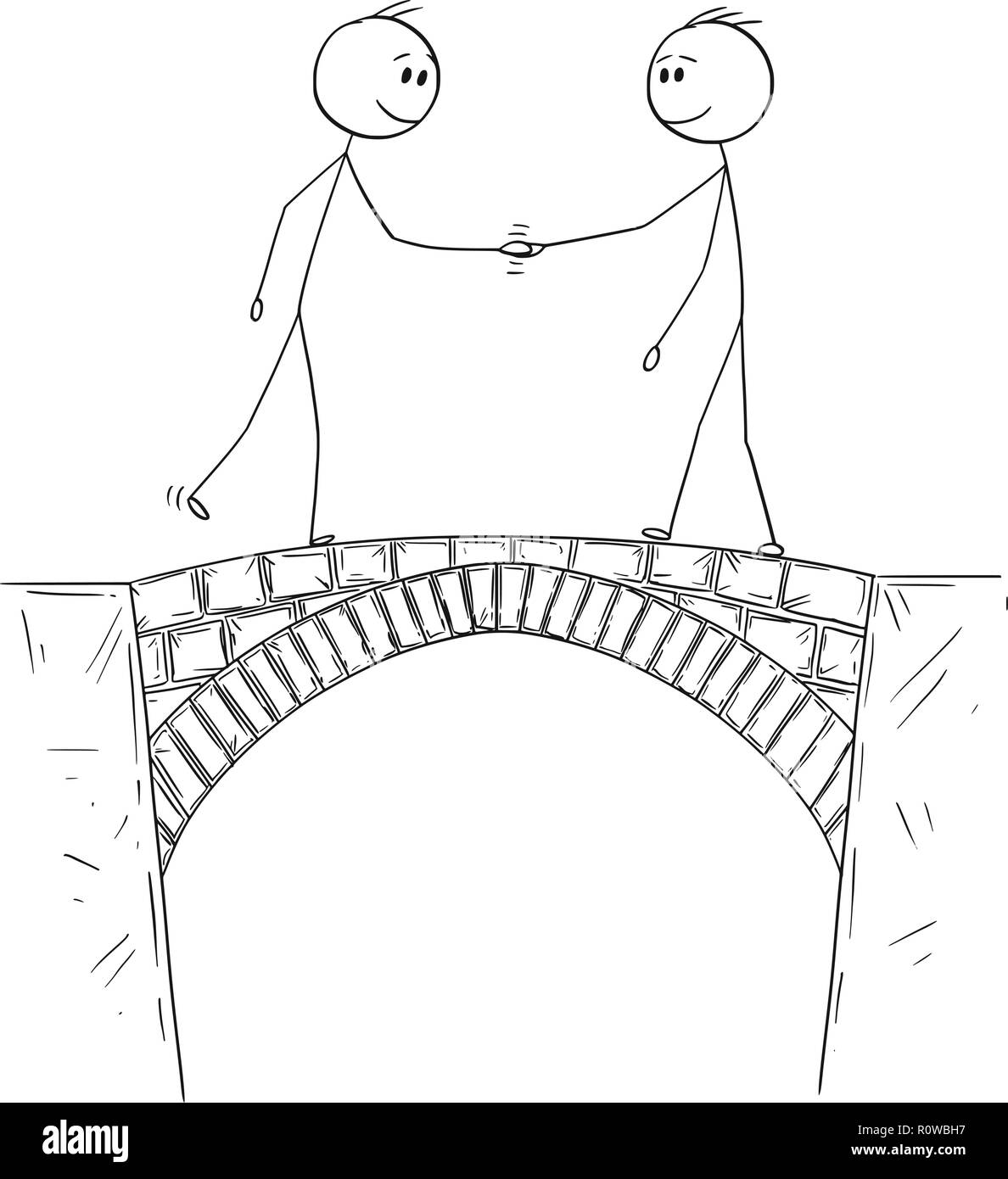 Cartoon von zwei Männern, Politiker oder Unternehmer die Hände schütteln Auf der Brücke Stock Vektor