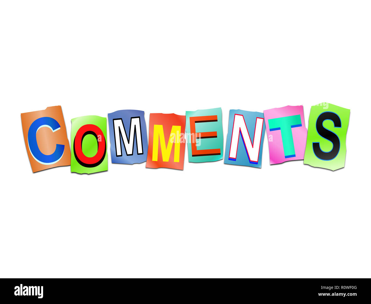 3D-Darstellung zeigt eine Reihe von ausgedruckt Buchstaben angeordnet das Wort Kommentare zu bilden. Stockfoto