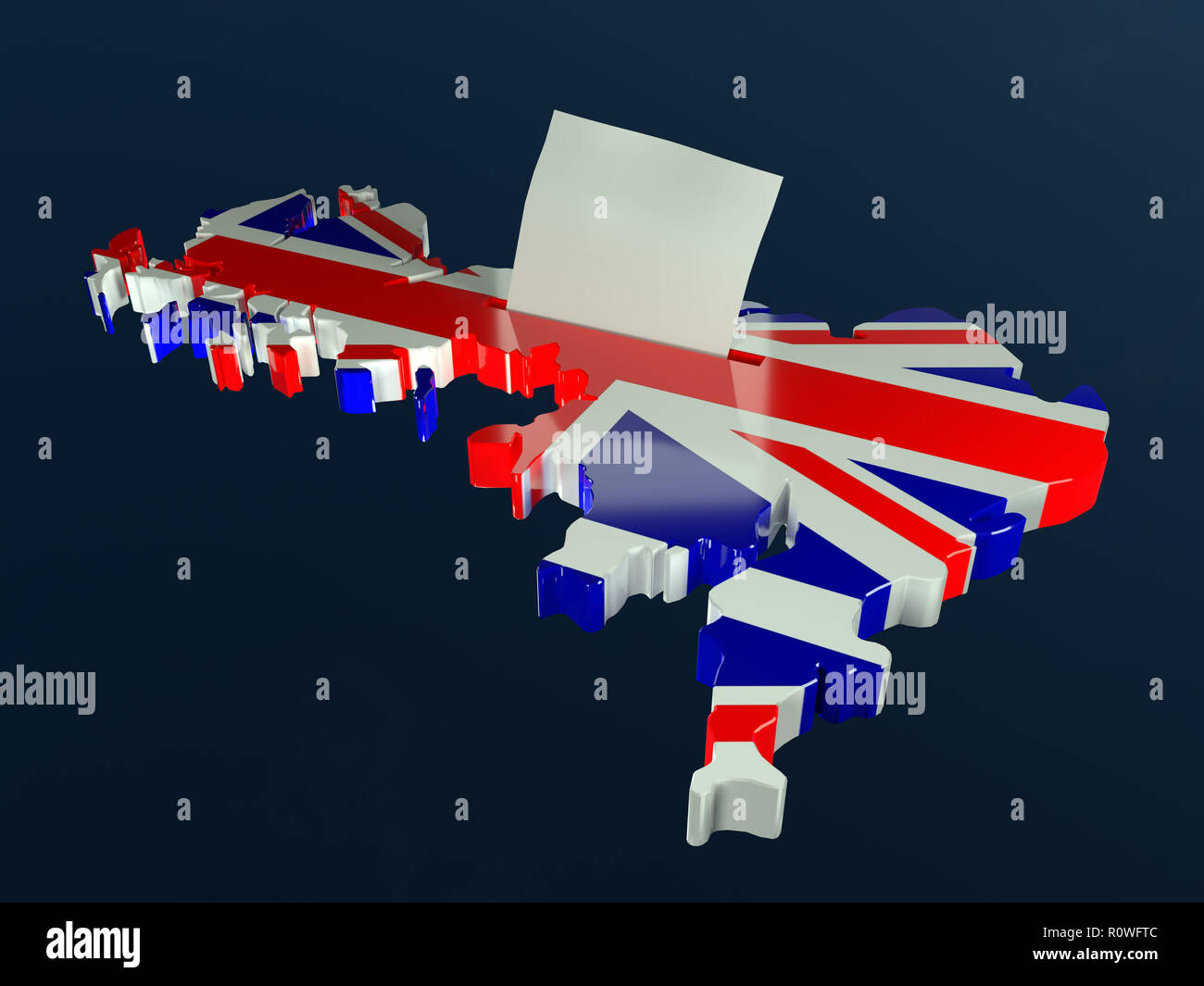 3D-Render von Urnen in Form von Großbritannien Umriss mit Nationalflagge und Stimmkarte Hälfte überlagert - eingefügt in die Wahlurne Steckplatz Stockfoto