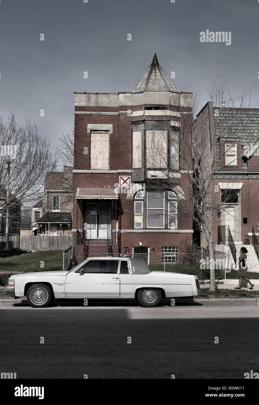 1970er Cadillac außerhalb Muddy Walters Haus in Chicago Illinois USA geparkt Stockfoto