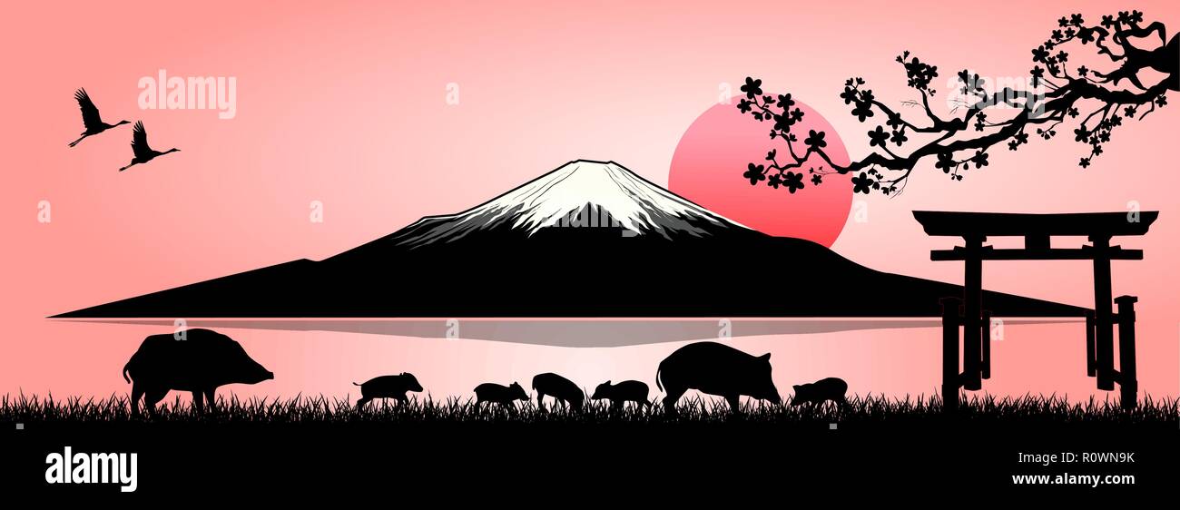 Silhouette Fuji Berg bei Sonnenuntergang. Familie von Wildschweinen auf dem Hintergrund des Mount Fuji. Stock Vektor