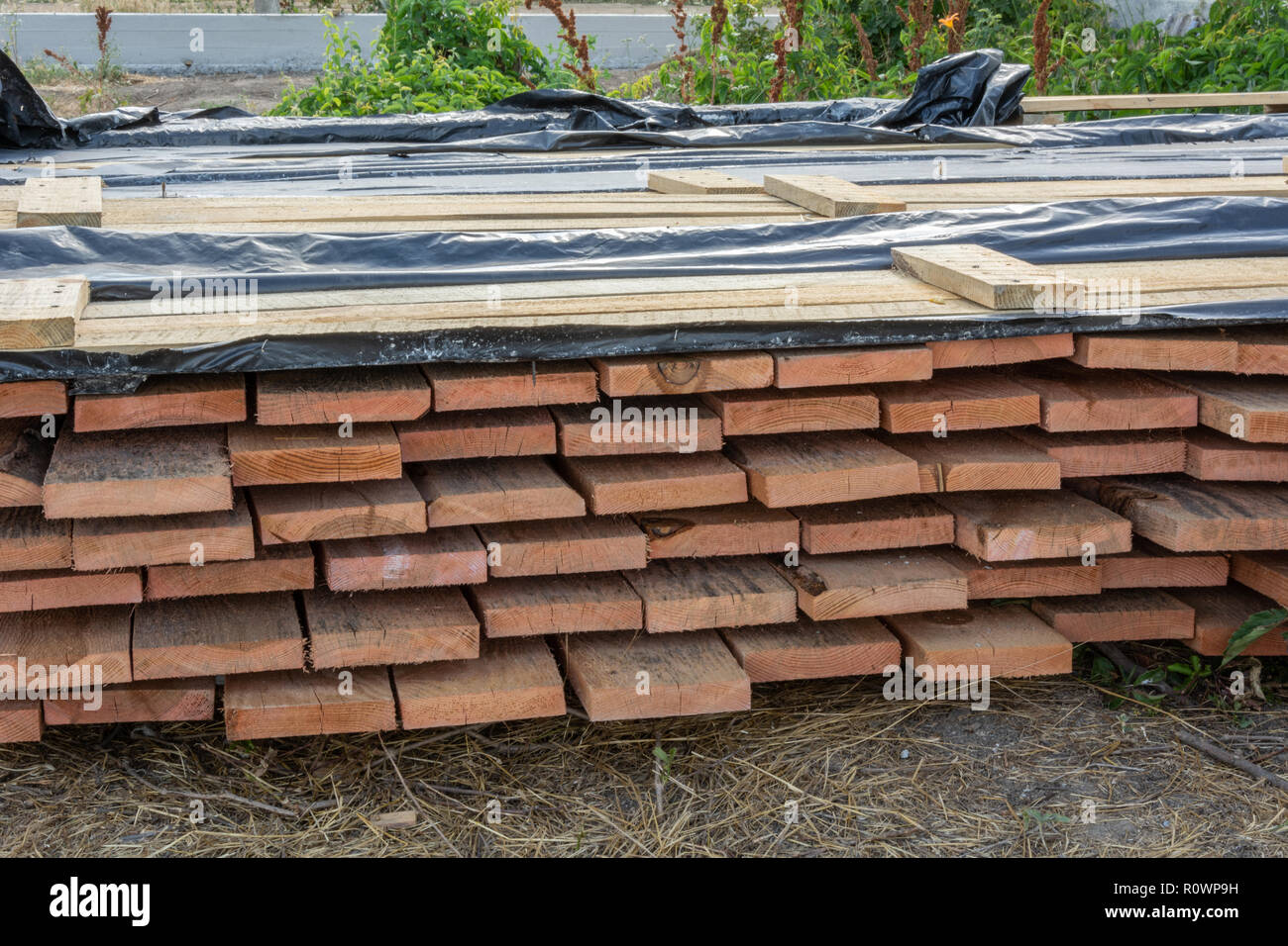 Ein Stapel von Kiefer Bretter in einer antiseptischen Lösung getränkt ist auf der Baustelle getrocknet. Baustoffe für den Bau von einem Fachwerkhaus. Stockfoto