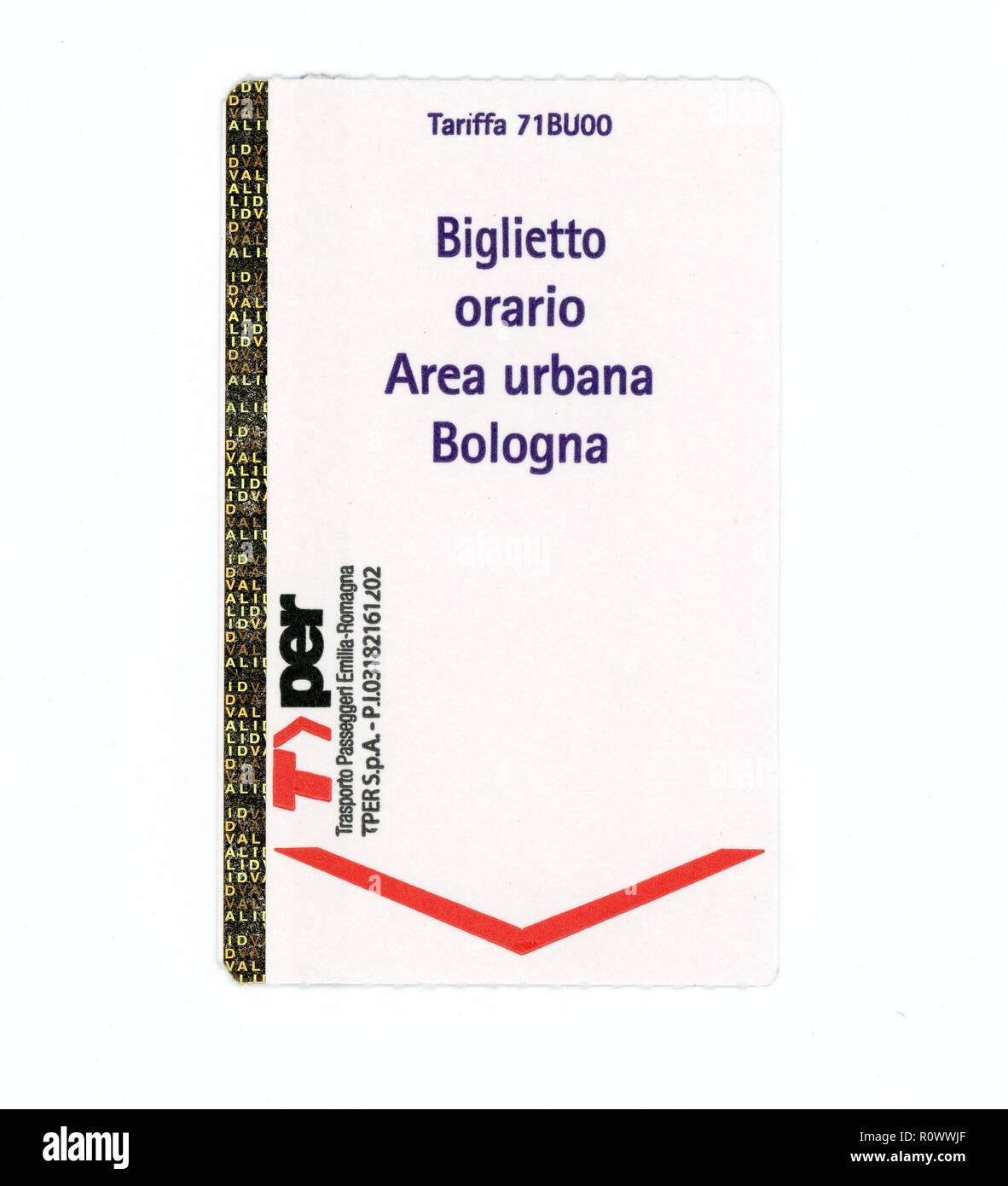 BOLOGNA, ITALIEN - ca. September 2018: stündliche Bus Ticket für Bologna Stadtgebiet (Biglietto orario Bereich urbana in Italienisch) Stockfoto
