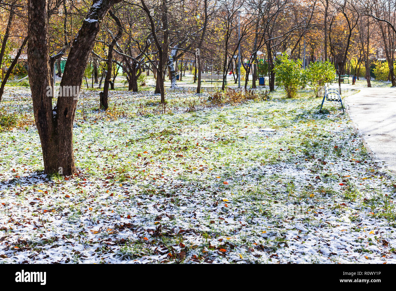 Landschaft von städtischen Park mit dem ersten Schnee im frostigen Herbst Tag abgedeckt Stockfoto
