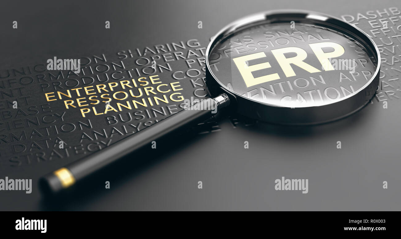 3D-Darstellung einer Lupe auf schwarzem Hintergrund und auf dem goldenen Abkürzung ERP konzentrieren. Enterprise Ressource Planning Konzept Stockfoto