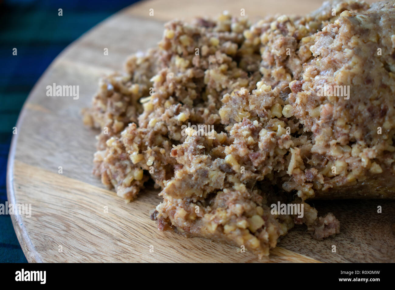 Frisch haggis Close-up gekocht, schottische Tradition, Burns Night Stockfoto