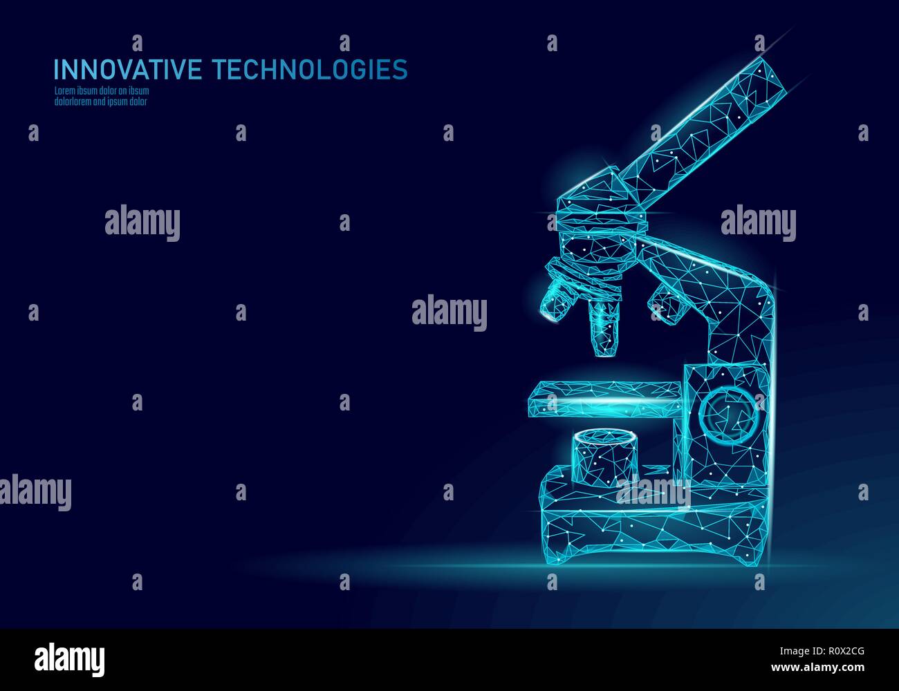 Mikroskop Wissenschaft Medizin Business Equipment. Low Poly polygonalen Dreieck blau leuchtende Punkt verbunden line Analyse Forschung Mikrobiologie Labor Labor Vector Illustration Stock Vektor