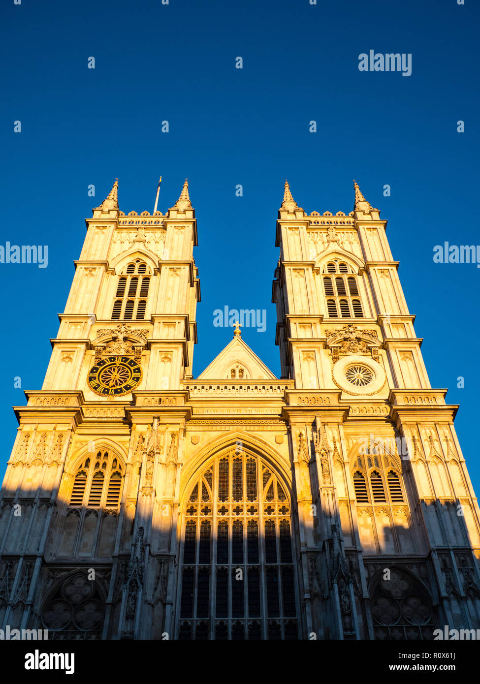 Twin Tower, bei Sonnenuntergang, Westminster Abbey, Westminster, London, England, UK, GB. Stockfoto