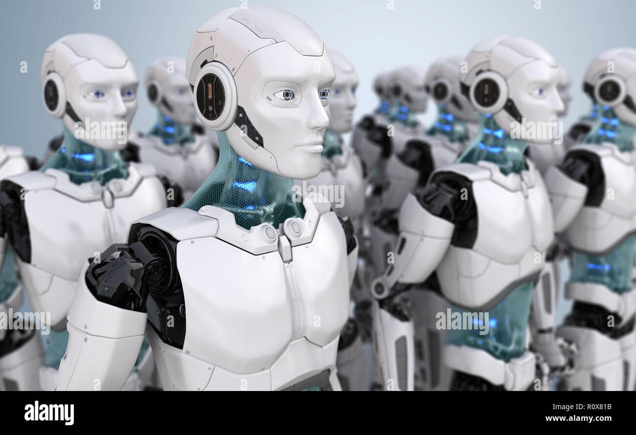 Masse von Robotern. 3D-Darstellung Stockfoto