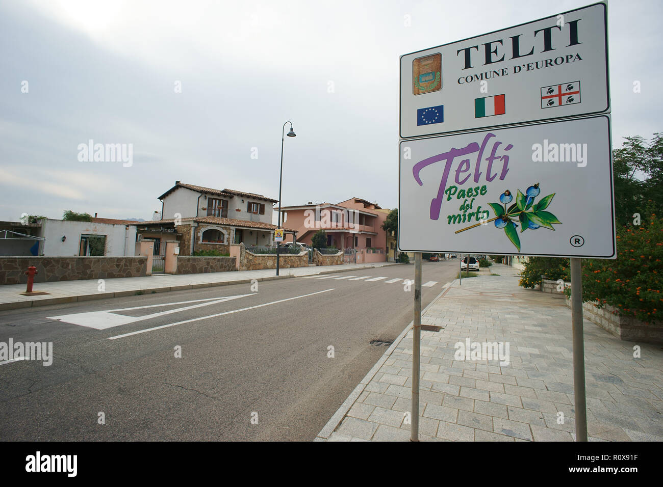 Telti, Stadt der Myrte, Street segnal, Gallura, Sardinien, Italien Stockfoto