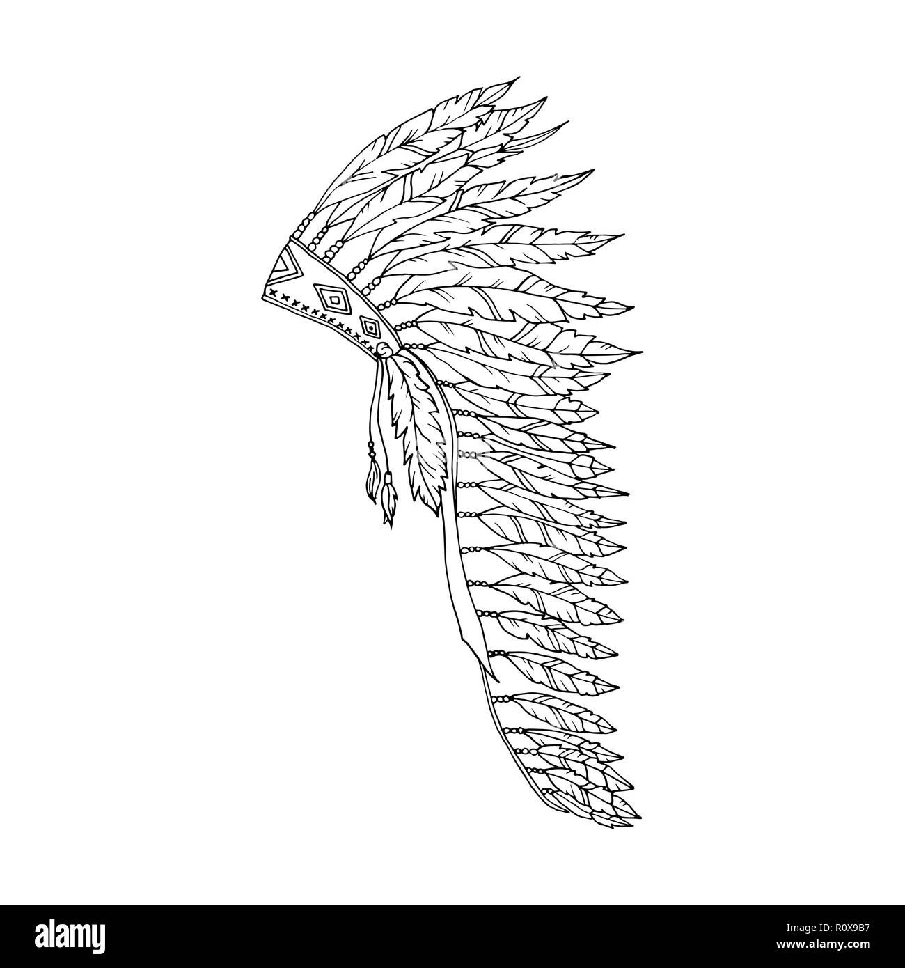 Amerikanische Warbonnet Umrisse zeichnen. Eagle Feather hat Färbung Seite Modeaccessoire. Indianische Kopfschmuck. Thanksgiving und Halloween Kostüm Vector Illustration. Stock Vektor