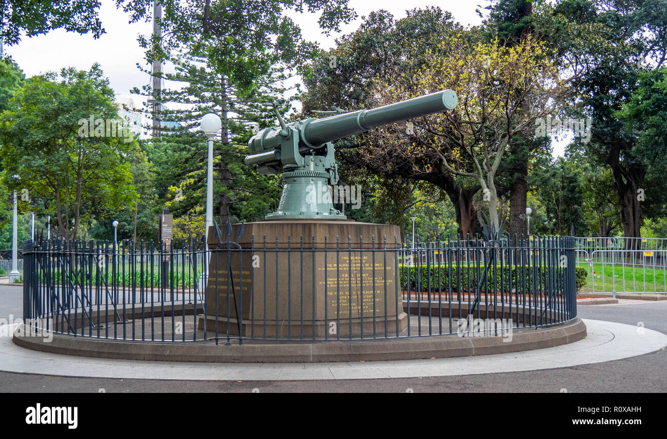 HMAS Sydney 1 - SMS Emden Memorial, oder Emden Gun Weltkrieg 1 historische Wahrzeichen in Hyde Park Sydney NSW Australien. Stockfoto