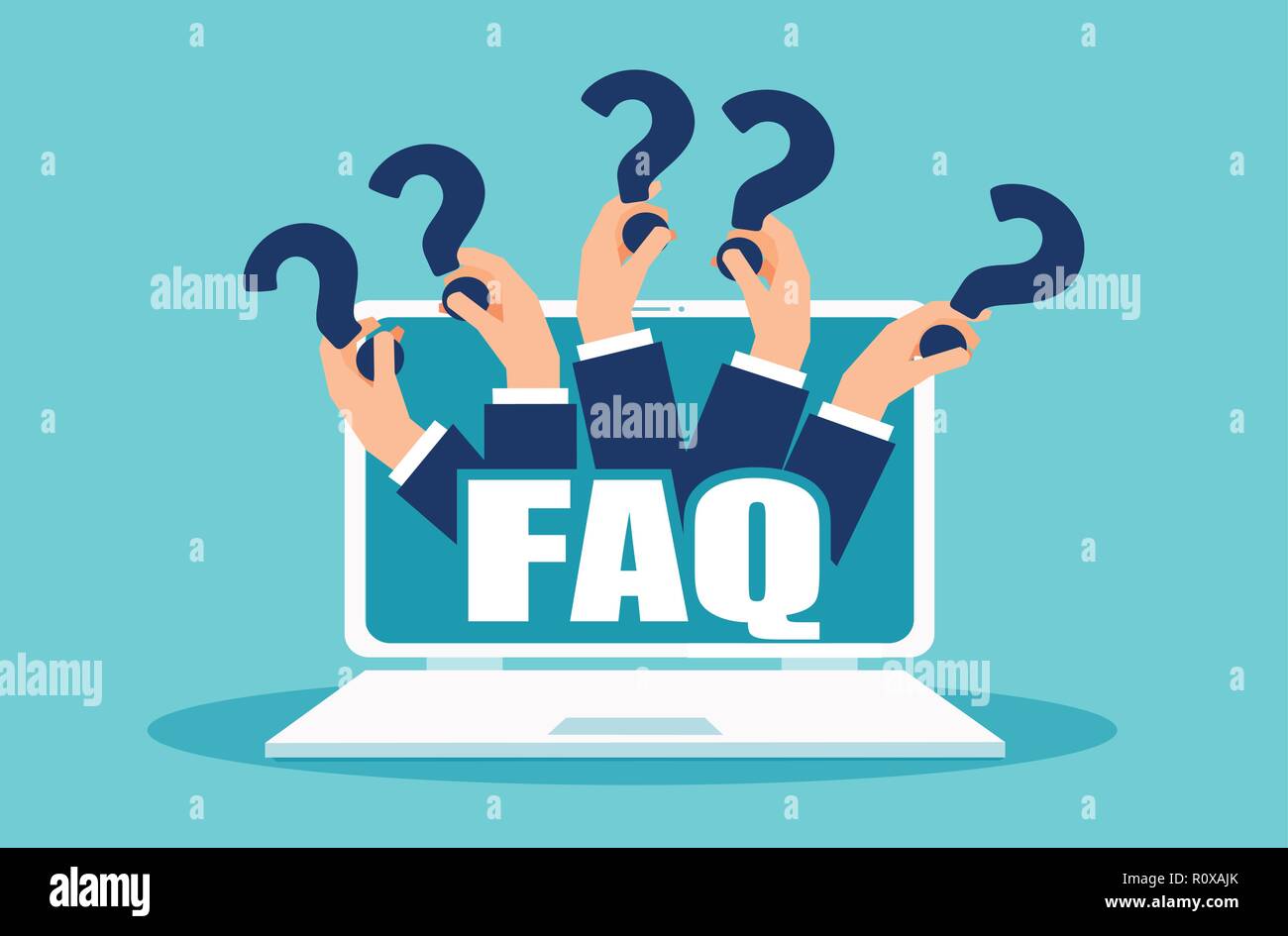 FAQ Banner. Computer mit Hände halten Frage Symbole. Vektor Konzept für häufig gestellte Fragen online klagt Social Media Plattform Stock Vektor