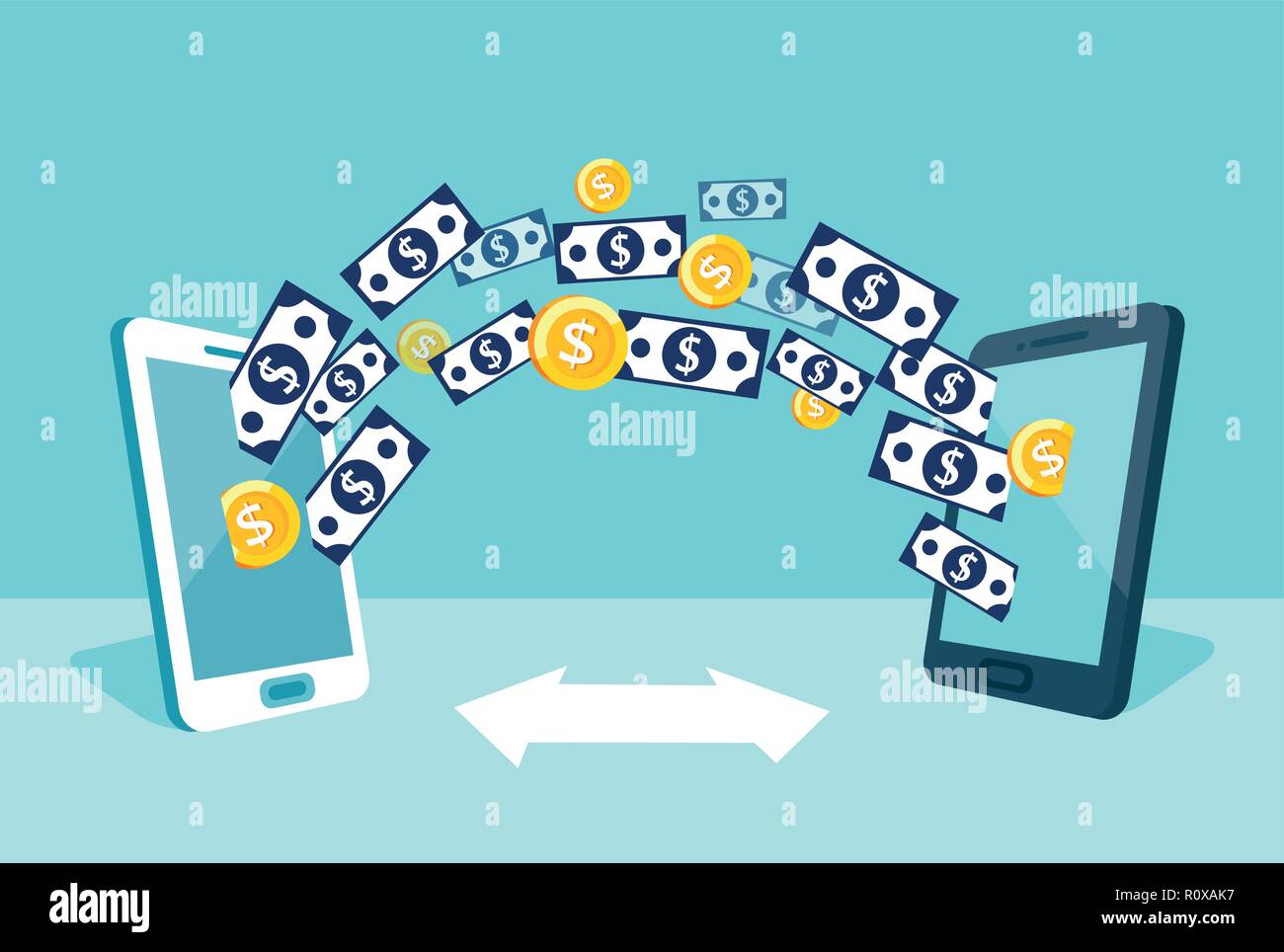 Der Vektor der Dollar Geld Währung Senden von einem Smartphone zu einem anderen. Online Transaktion zahlung Konzept. Stock Vektor