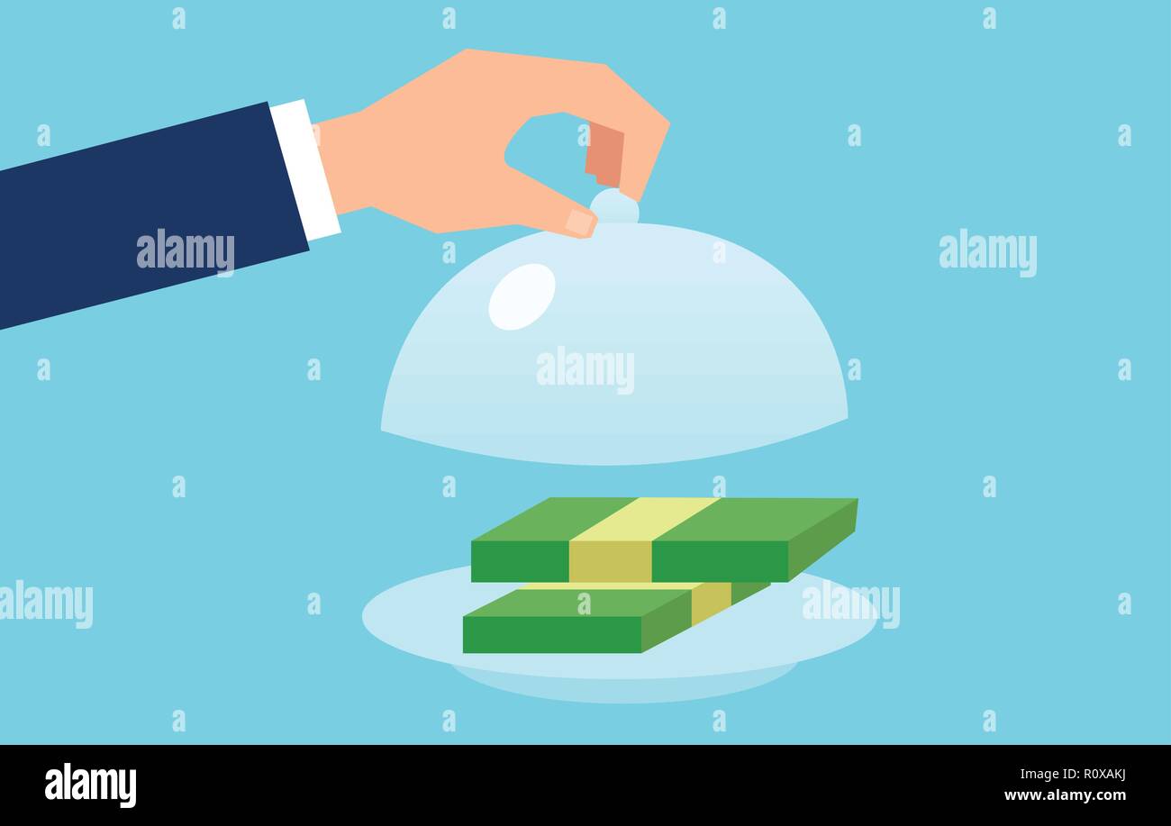 Vektor eines Business mann Öffnung dienen Cloche mit Geld. Das Finanzkonzept. Stock Vektor